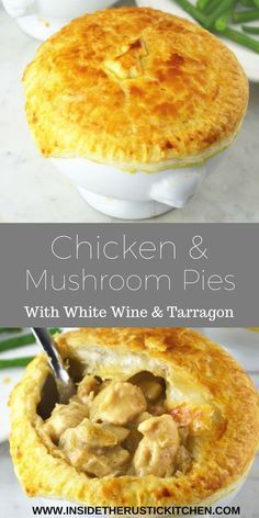 chicken and mushroom pie with white wine and tarragn sauce in a serving dish