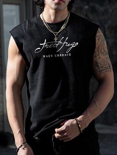 Negro Casual Collar sin mangas Tela Letras  Embellished Elástico Ligero  Tops para Hombre Outfit Gym, Feed Insta, Design Board, Alex Turner, Oversized Top, Gym Rat, Character Outfits, Mens Summer