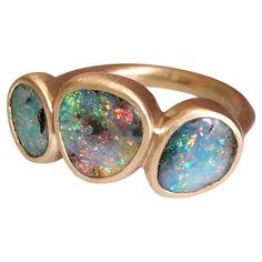 Dalben design One of a kind 18 kt rose gold ring with three bezel-set blue-green-pink Australian Boulder Opals weight 4,34 carats . Ring size US 7 1/4 - EU 55 re-sizable . Bezels setting dimension: max width 23 mm, max height 10, mm. The ring has been designed and handcrafted in our atelier in Italy Como with a rigorous quality workmanship . Opal Rose Gold Ring, Raw Opal Ring, Rose Gold Opal Ring, Boulder Opal Ring, Bubble Ring, Raw Opal, Australian Boulder Opal, Opal Ring, Boulder Opal