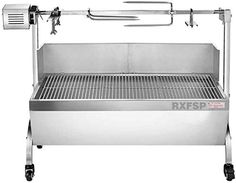 a stainless steel bbq grill with the door open