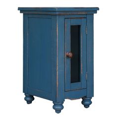 a small blue cabinet with an open door on the front and bottom, sitting against a white background