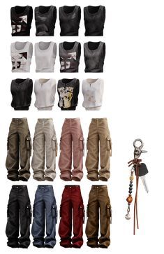 an assortment of men's cargo pants and vests, all in different colors