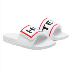 Brand New Hunter Terry Cloth Slides Sandals Slip On Logo Brand New No Tags Terry Cloth Fabric Upper Velcro Closure / Adjustment Slip-On Round Open Toe Terry Cloth Fabric Lining Contoured Footbed Foam Midsole Synthetic Sole Thank You For Visiting My Listing!!! Hunter Terry Cloth Slides Sandals Slip On Hunter Logo Beach Pool Summer Velcro Soft White Round Toe Flip Flops For Summer, Sporty Summer Slides With Round Toe, Sporty Flip Flops For Summer Vacation, White Comfortable Flip Flops For Beach, Sporty Summer Flip Flops For Vacation, White Flip Flops For Poolside And Summer, Sporty Open Toe Slides For Summer, Casual White Flip Flops For Poolside, Comfortable White Sandals For Vacation