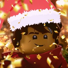 a cartoon character wearing a santa hat surrounded by confetti and gold flakes