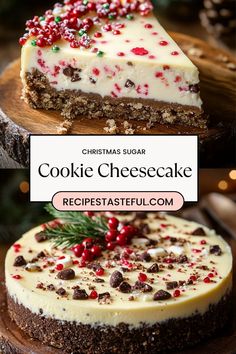 christmas cheesecake with white frosting and sprinkles