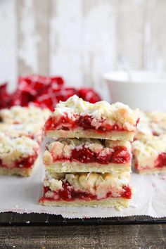 strawberry shortbread bars stacked on top of each other