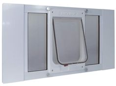 a white wall mounted dog door with an open window on the front and bottom side