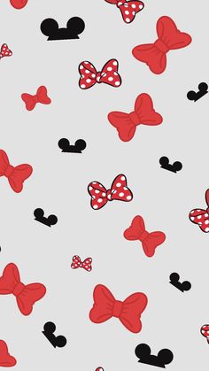 mickey and minnie mouse heads with red bows on grey background for disney world wallpaper