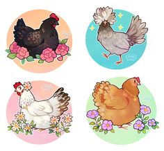 four stickers with chickens and flowers on them in the shape of round ones, each depicting different types of hens