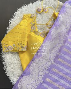 Lavender Silk Saree With Contrast Blouse, Lavender Saree Blouse Combination, Yellow Maggam Work Blouses, Unique Blouse Designs Stylists, Lavender Saree Contrast Blouse, Lavender Blouse Design, Lavender Pattu Saree, Lavender Combination