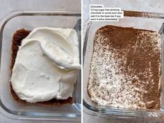 two pictures showing how to make a chocolate dessert in a glass dish with whipped cream on top