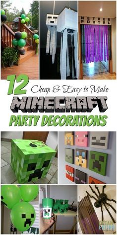 the cover of an easy to make minecraft party decoration book, with images of green and purple decorations