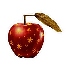 an apple with gold stars on it and a leaf sticking out of the top of it