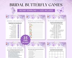 the printable bridal butterfly games for brides and grooms are shown in purple