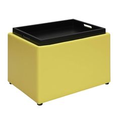 a yellow storage box with black lid and wheels on the bottom, sitting against a white background