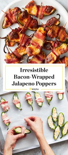 bacon wrapped jalapeno poppers on a plate with the title overlay reads irresistiblely bacon wrapped jalapeno poppers