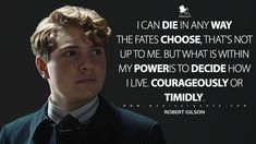 a young man in a suit and tie with a quote from robert gibson on him