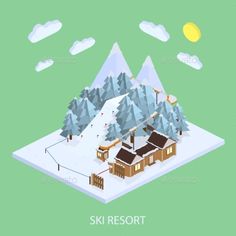 a ski resort with snow covered trees and mountains in the background - miscellaneous objects illustrations