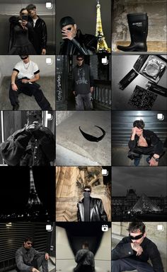 a collage of photos with men in black clothes and hats, one man is wearing sunglasses