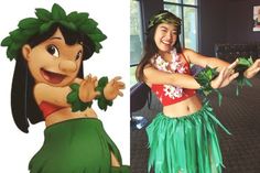 a woman in a hula skirt next to an image of a cartoon character holding flowers