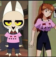 two cartoon characters, one in pink and the other in black