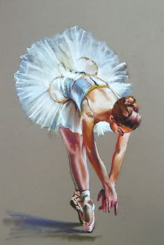 a pastel drawing of a ballerina bending down