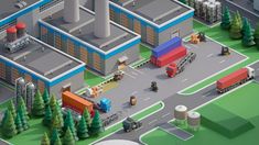 an animated image of a factory with trucks and other vehicles in front of the factory