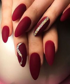 Maroon Nails With Gold Glitter, Matte Red Nails Design, Matte Red Nails, Red Matte Nails, Solid Color Nails, Red Nail Polish, Red Nail Designs