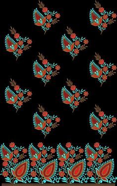 a black background with red and blue designs on it's sides, including flowers and leaves