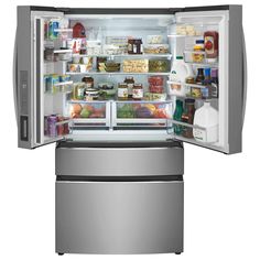 an open refrigerator with its door wide open and full of food inside it, on a white background