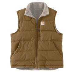 Zip into this women's insulated vest for an extra layer when the temperature drops. Built to last from durable nylon fabric, it blocks wind and sheds light rain. Lightweight insulation and a sherpa fleece lining keep your core warm. It's reversible, so you can wear the sherpa side on the outside when you want to mix it up.Features4.5-ounce, 100% silicone-coated nylonReversible sherpa-lined interior; Polyester insulation for lightweight warmthCarstrong® durable reinforced fabric prevents wear and Blown In Insulation, Carhartt Vest, Work Vest, Boot Barn, Utility Vest, Carhartt Womens, Womens Puffer Vest, Carhartt Women, Plus Size Outerwear