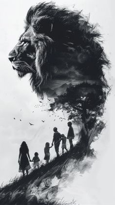 a black and white photo of people walking down a hill with a lion in the background