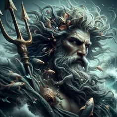 a man with long hair and beard standing in the ocean holding a spear, surrounded by fish