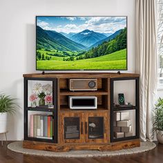 a flat screen tv sitting on top of a wooden entertainment center in a living room