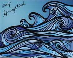 an abstract painting with blue waves and writing