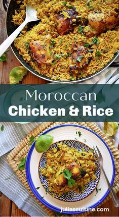 moroccan chicken and rice in a skillet on a wooden table with a blue and white plate