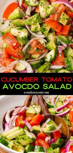 cucumber tomato and avocado salad in a white bowl