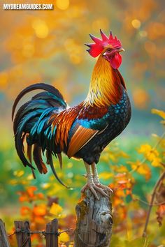 a colorful rooster standing on top of a wooden post in front of some yellow flowers