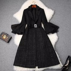 Beautiful Wool Coat With Mesh Sleeves Chic Black Outerwear For Party, Elegant Black Party Outerwear, Black Belted Outerwear For Party, Belted Black Outerwear For Party, Elegant Black Outerwear For Spring, Black Belted Evening Outerwear, Black Belted Outerwear For Evening, Elegant Belted Outerwear For Party, Elegant Black Outerwear For Office