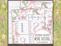 two wine tasting cards with flowers and vines on them, one has the number twelve