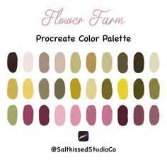 the flower farm procreate color palette is shown in various shades and sizes, including pink