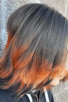 This hairstyle has a mix of natural and bright orange tones that makes you think of a fox's sly charm. The warm, orange-colored ends are very different from the darker, natural color at the roots, giving the hair a fun yet graded effect from roots to tips. Ideal for someone wanting to add a unusual twist to their look, these fox tips add a - Click to see more of 33 Foxy Hairstyle Ideas for a Fun and Playful Look and follow us for more hairstyle ideas. // Photo Credit: Instagram @color_me_ari Ends Colored Hair, Fox Hair Styles, Bright Ends Hair, Orange Ends Hair, Black Hair With Orange Tips, Copper Ends Hair, Orange Ends Of Hair, Fox Hair Color Style, Fox Tip Hair Dye