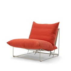 an orange chair with a metal frame and pillow on it's backrest, in front of a white background