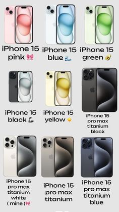 the iphones in different colors and sizes are shown with their names on each side