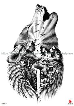 a black and white drawing of a wolf's head with trees, rocks and water