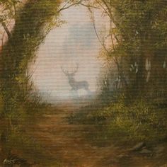 an oil painting of a deer in the woods