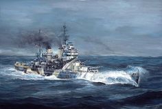 a painting of a navy ship in the ocean