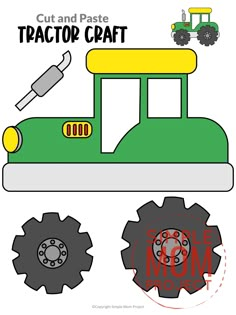 a tractor paper craft with the words cut and pastee on it, including gears