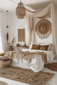 a bedroom with white walls and beige decor