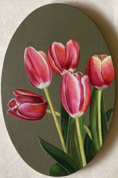 a painting of pink tulips with green leaves on a gray background, painted in acrylic